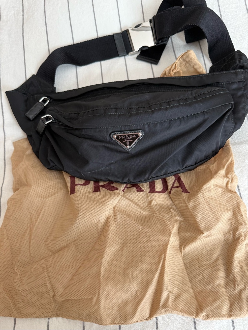 Prada Black Nylon Belt Bag with Silver Buckle